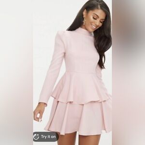PrettyLittleThing Dusty Pink High Neck Tiered Skater Dress